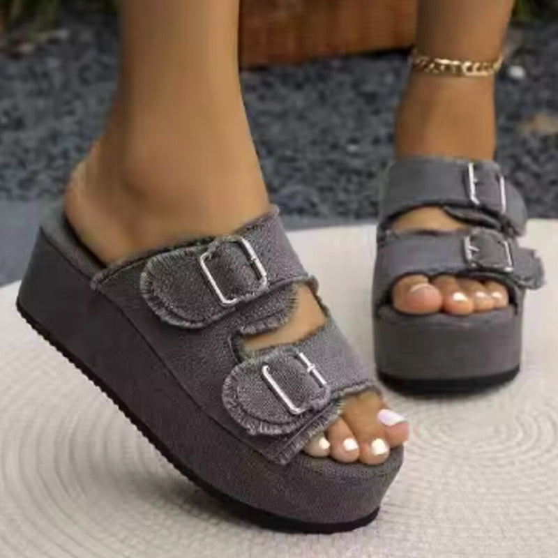 Elegant Denim Comfortable Slip on Beach Walking Slippers Grey Casual Women Shoes - Tophatter Daily Deals