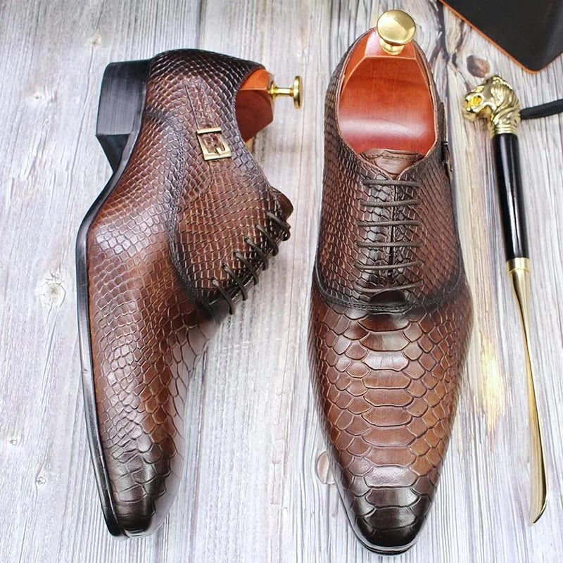 Men Leather Oxford Shoes Snake Skin Print Business Leather Shoes - Tophatter Daily Deals