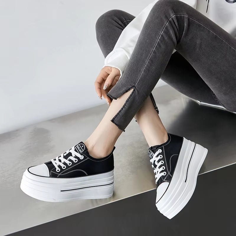 Women Chunky Leather Sneaker Loafer Shoes 8cm High Heel Sneaker - Tophatter Daily Deals