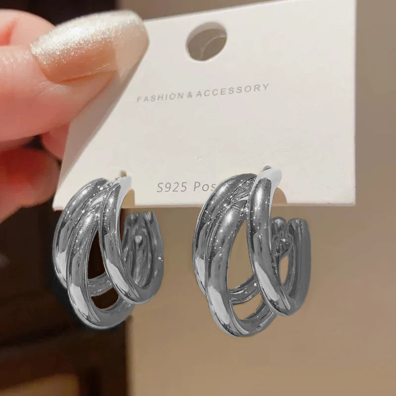 Trendy Retro Three Layer C Shape Earrings Silver Earrings - Tophatter Daily Deals