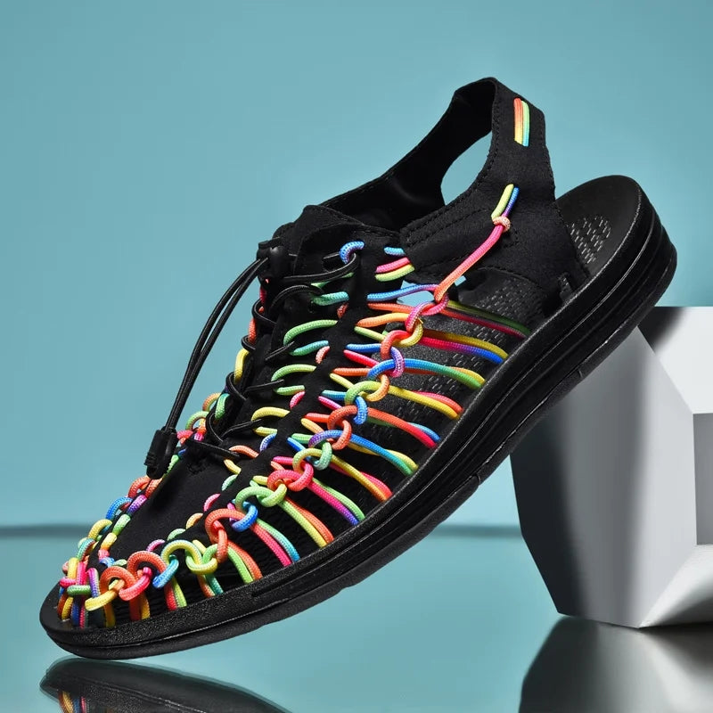 Fashion Handmade Weaving Design Beach Couples Sandals Rainbow Men Sandals - Tophatter Daily Deals