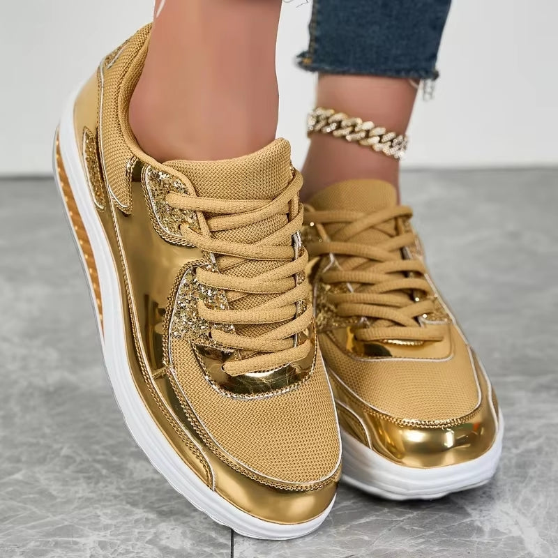 Women Golden Lace-up Platform Sneakers 42 High Heel Sneaker - Tophatter Daily Deals