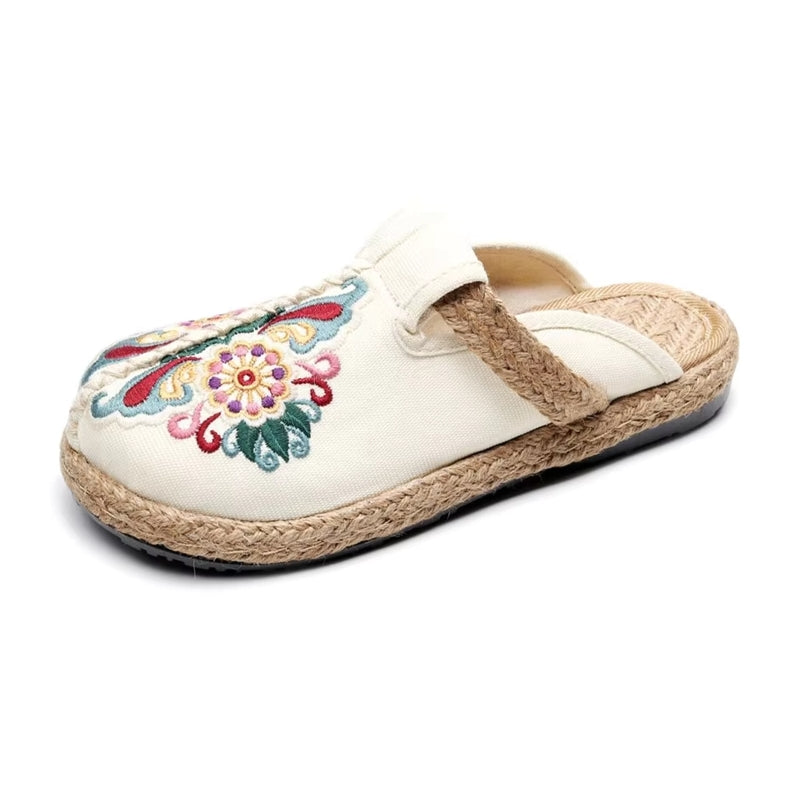 Women Casual Linen Handmade Embroidery Mules Flat Slippers White Slippers - Tophatter Daily Deals