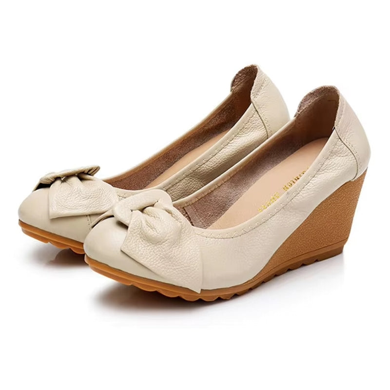 Elegant Leather Wedges Women High Heels Beige Casual Women Shoes - Tophatter Daily Deals