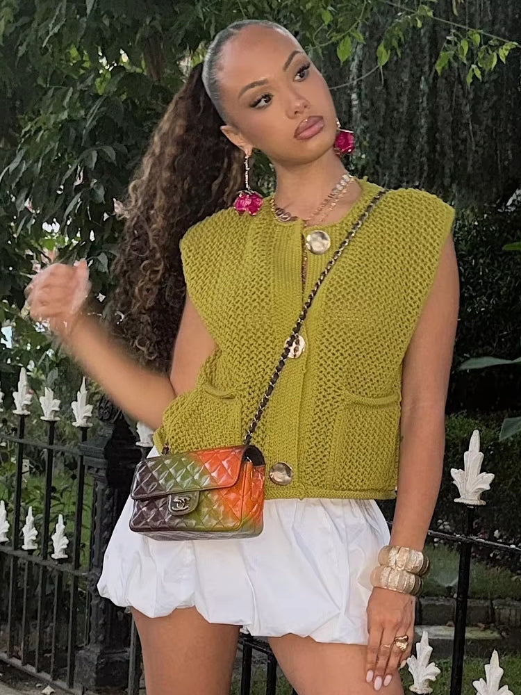 Green Round Neck Women Knitted Vest Olive S Blouses - Tophatter Daily Deals