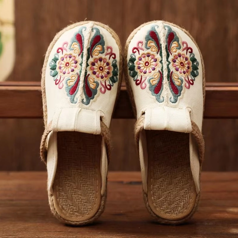 Women Casual Linen Handmade Embroidery Mules Flat Slippers Slippers - Tophatter Daily Deals