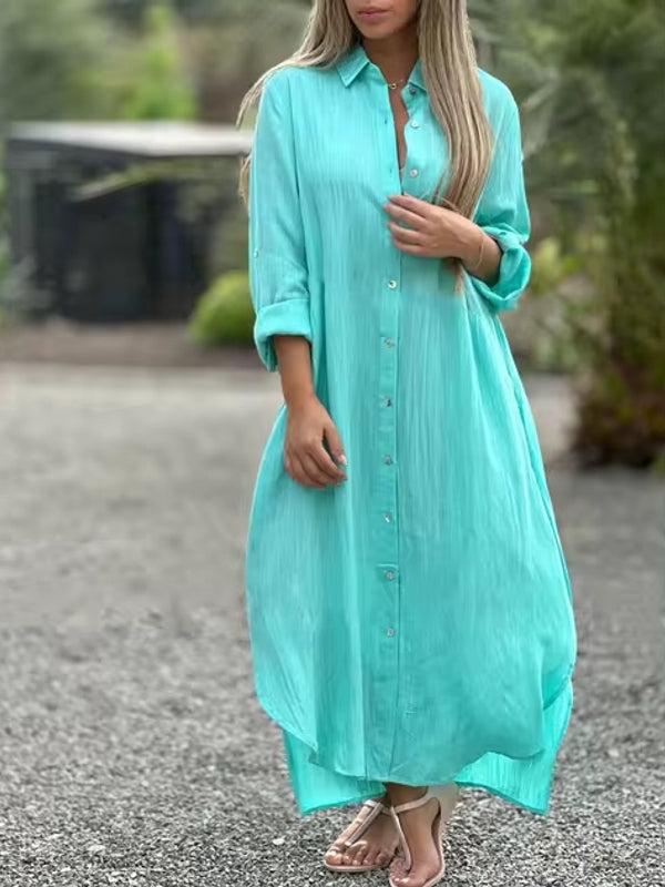 Spring Cotton Linen Solid Pocket Oversize Shirt Dresses Cyan Maxi Dresses - Tophatter Daily Deals
