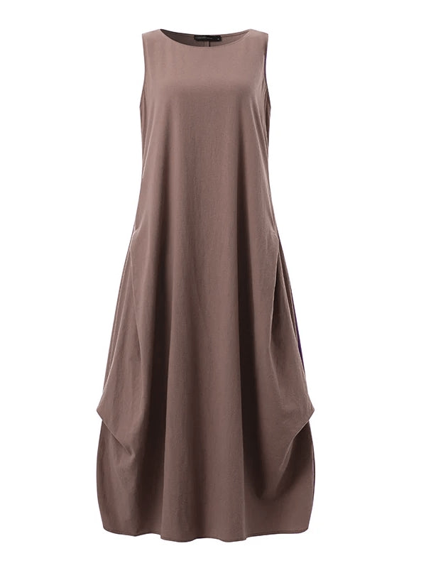 Casual Loose Solid Cotton Maxi Dresses Brown Sleeveless Dresses - Tophatter Daily Deals