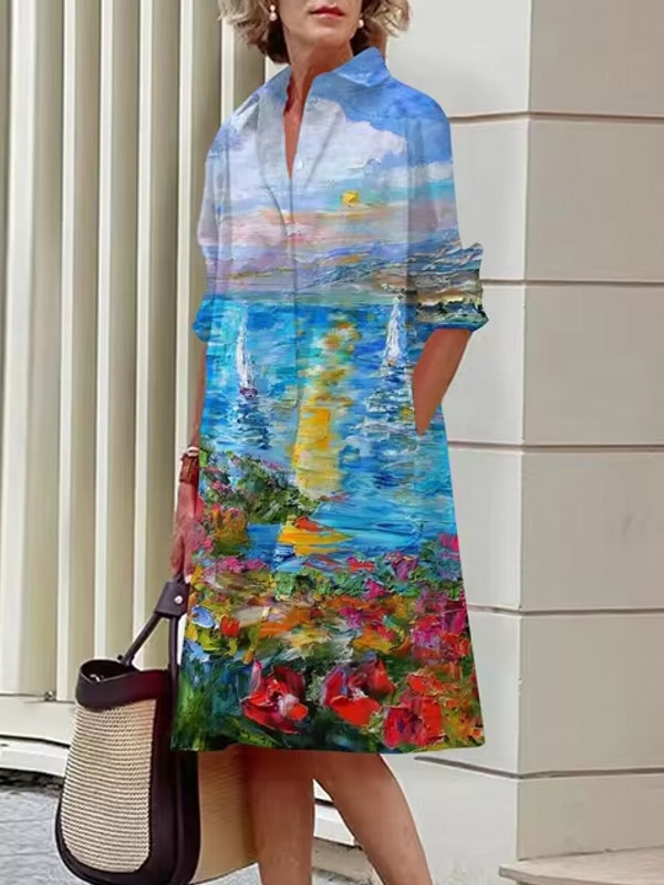 Elegant Women's Floral Pattern Shirt Dress Sky Blue Midi Dresses - Tophatter Daily Deals