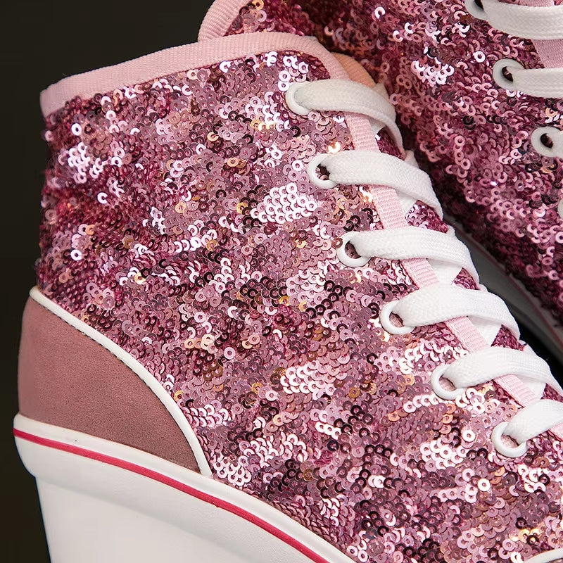 Glitter Sequins High Top Women Height Increasing Wedges Shoes High Heel Sneaker - Tophatter Daily Deals