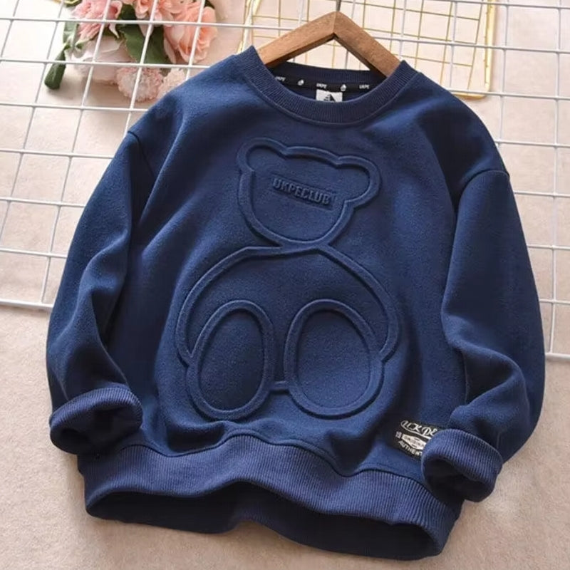 Kids Cotton Tops Embossed Bear Sweatshirt Pullover Navy kids clothing - Tophatter Daily Deals
