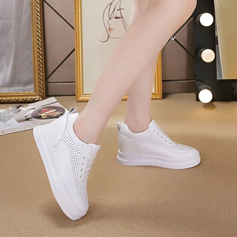 Genuine Leather Platform Wedge Sneakers 7cm High Heel Sneaker - Tophatter Daily Deals