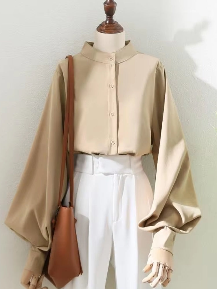 Blouses Shirt Lady Long Lantern Sleeve Stand Collar Beige Blouses - Tophatter Daily Deals