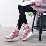 Glitter Sequins High Top Women Height Increasing Wedges Shoes High Heel Sneaker - Tophatter Daily Deals