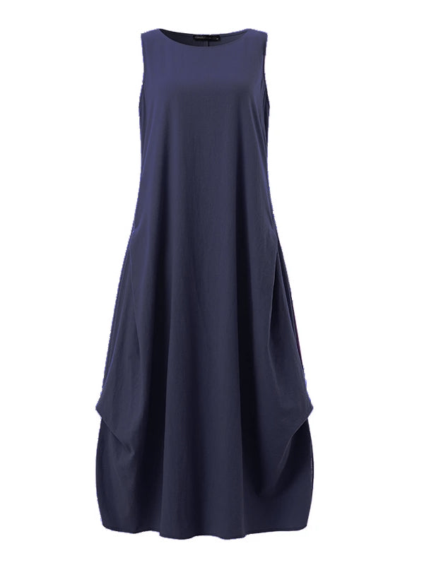 Casual Loose Solid Cotton Maxi Dresses Navy Sleeveless Dresses - Tophatter Daily Deals