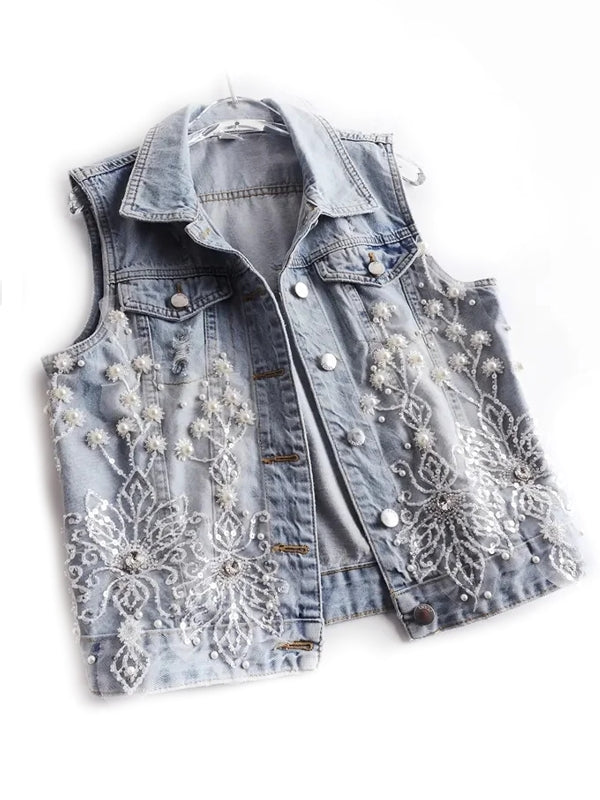 Women Denim Vest Pearls Waistcoats Coats & Jackets - Tophatter Daily Deals