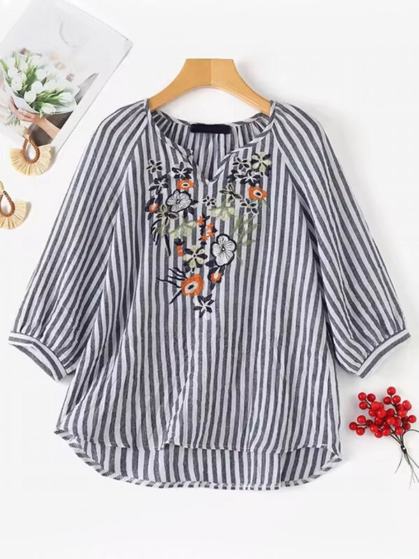 Bohemian Striped Shirt Work Tops Blouse Navy Blouses - Tophatter Daily Deals