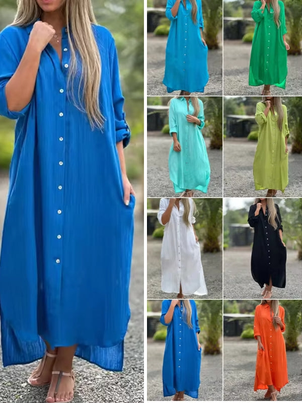 Spring Cotton Linen Solid Pocket Oversize Shirt Dresses Maxi Dresses - Tophatter Daily Deals