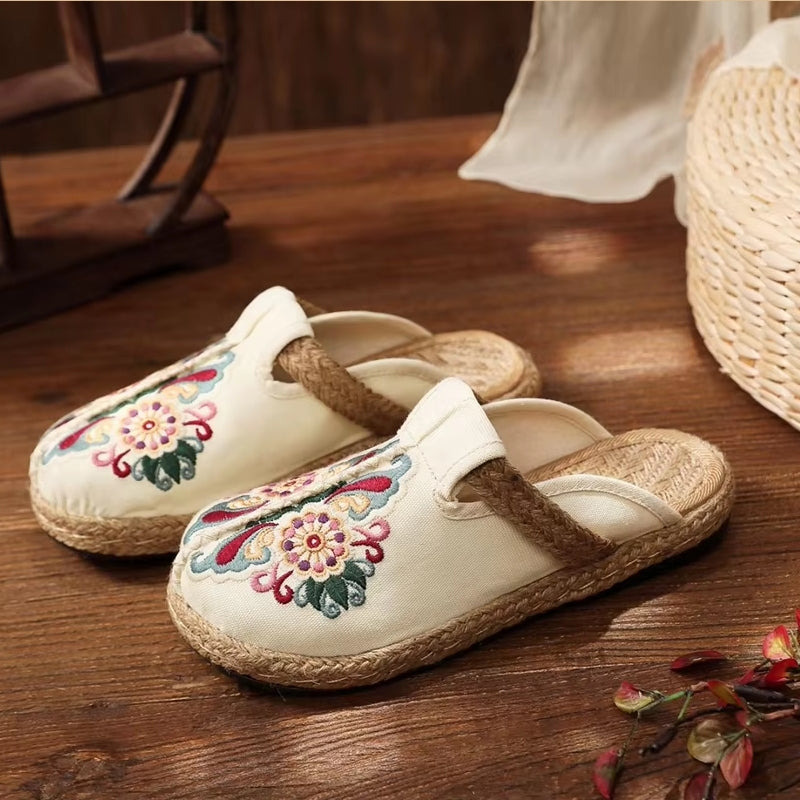 Women Casual Linen Handmade Embroidery Mules Flat Slippers Slippers - Tophatter Daily Deals
