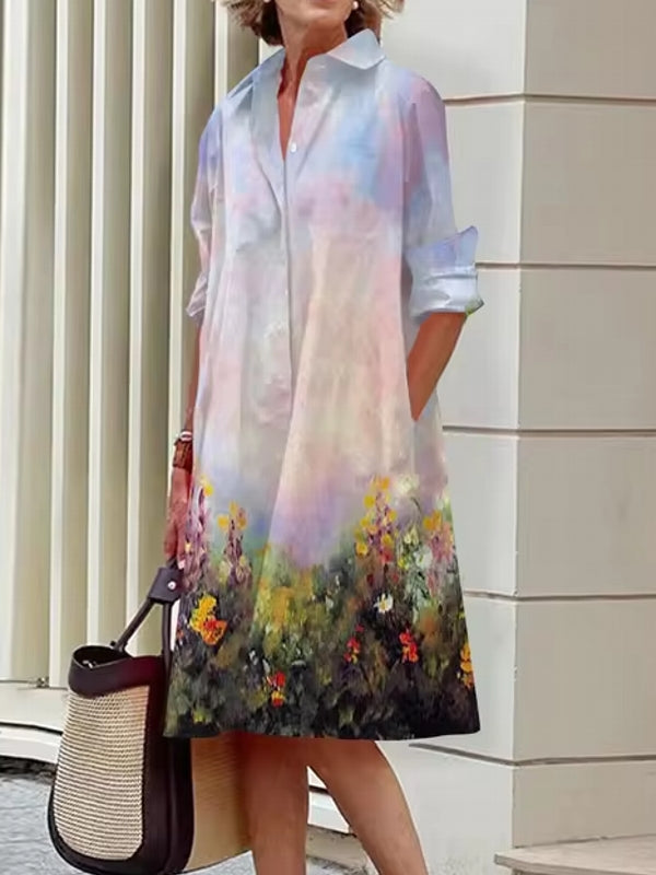 Elegant Women's Floral Pattern Shirt Dress Violet Midi Dresses - Tophatter Daily Deals