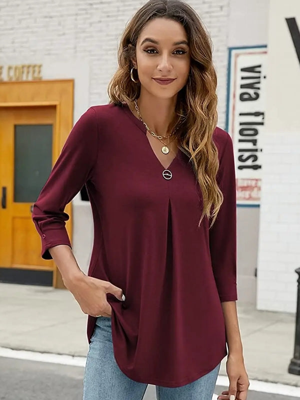 Women T-shirt V Neck 3/4 Sleeve Tops Blouse Wine Red Blouses - Tophatter Daily Deals