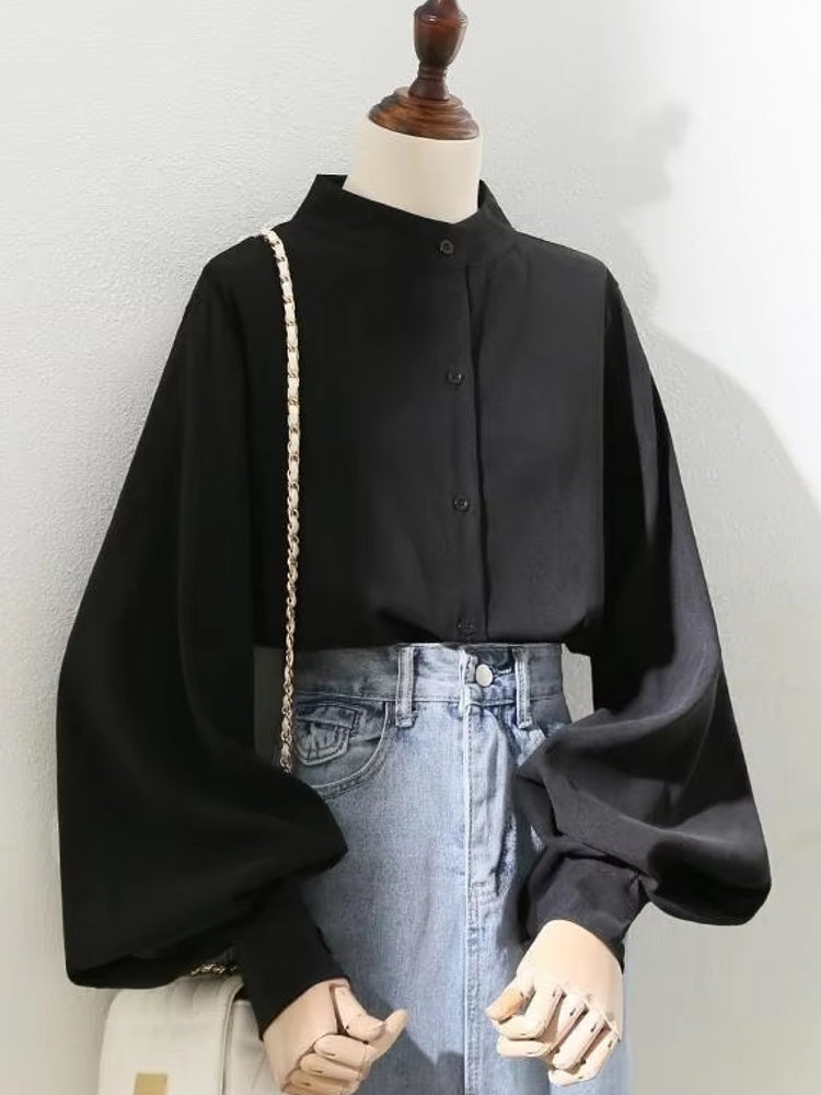 Blouses Shirt Lady Long Lantern Sleeve Stand Collar Black Blouses - Tophatter Daily Deals