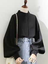 Blouses Shirt Lady Long Lantern Sleeve Stand Collar Black Blouses - Tophatter Daily Deals