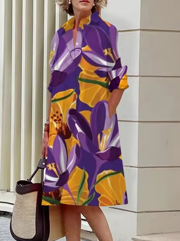 Elegant Women's Floral Pattern Shirt Dress Midi Dresses - Tophatter Daily Deals