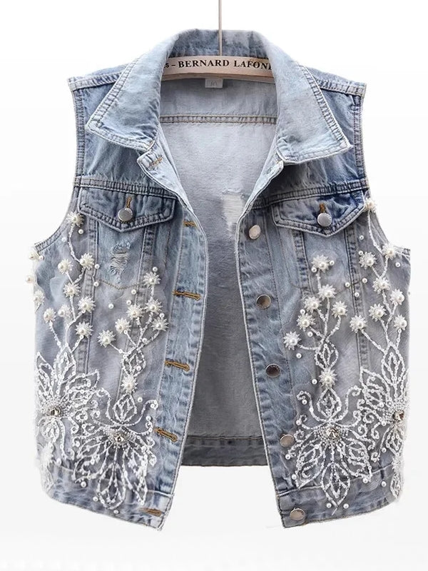 Women Denim Vest Pearls Waistcoats Coats & Jackets - Tophatter Daily Deals