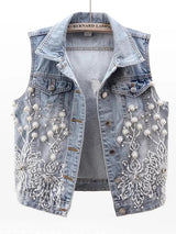 Women Denim Vest Pearls Waistcoats Coats & Jackets - Tophatter Daily Deals