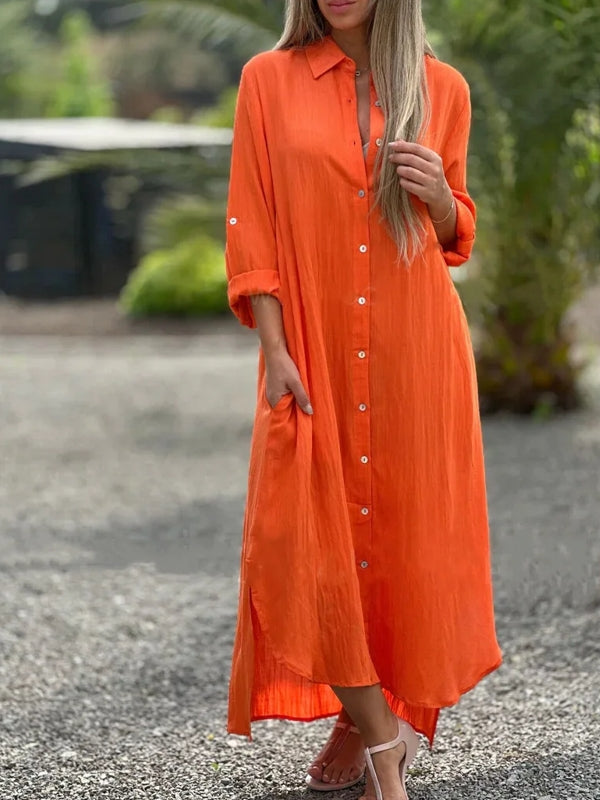 Spring Cotton Linen Solid Pocket Oversize Shirt Dresses Orange Maxi Dresses - Tophatter Daily Deals