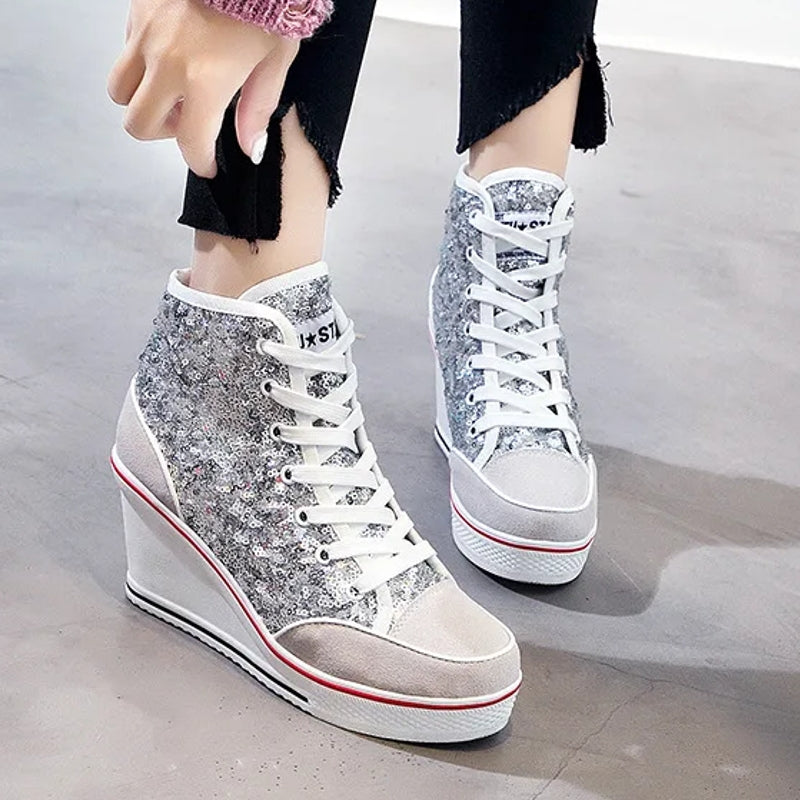 Glitter Sequins High Top Women Height Increasing Wedges Shoes High Heel Sneaker - Tophatter Daily Deals
