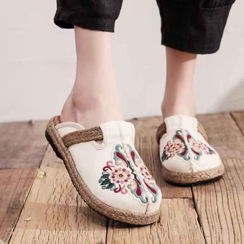 Women Casual Linen Handmade Embroidery Mules Flat Slippers Slippers - Tophatter Daily Deals
