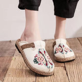 Women Casual Linen Handmade Embroidery Mules Flat Slippers Slippers - Tophatter Daily Deals