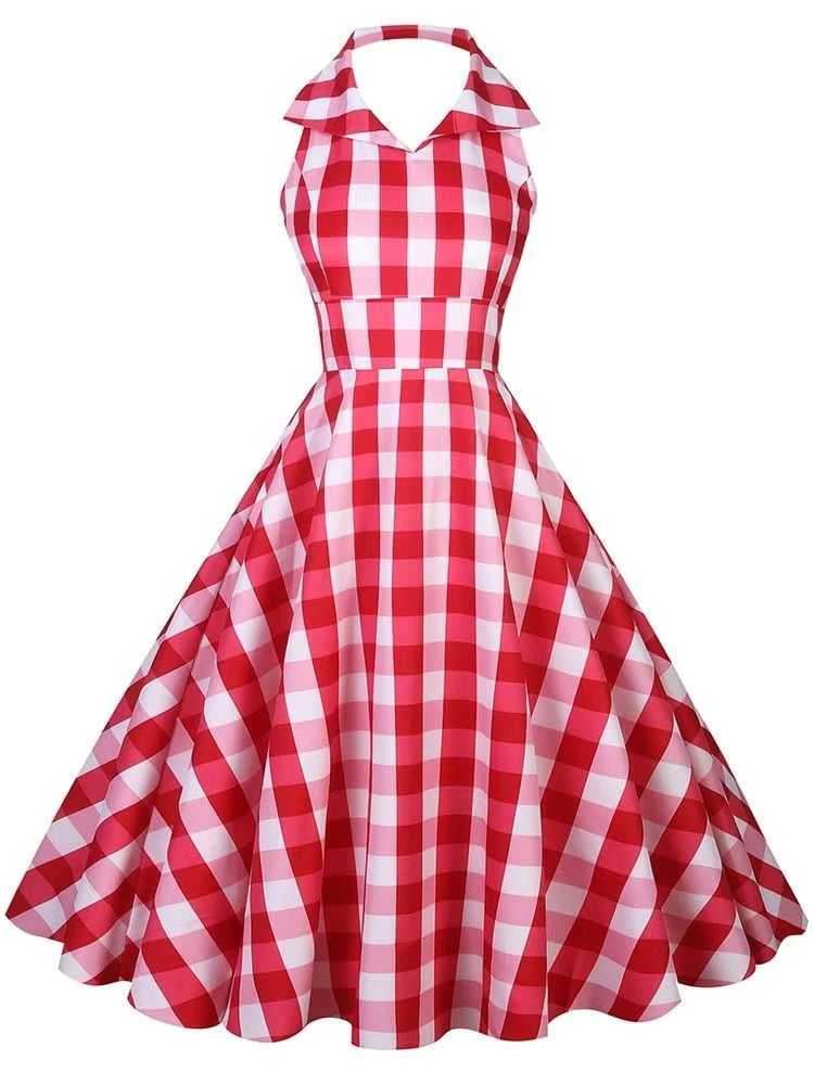Retro Halter Party Midi Dresses Plaid Midi Dresses - Tophatter Daily Deals