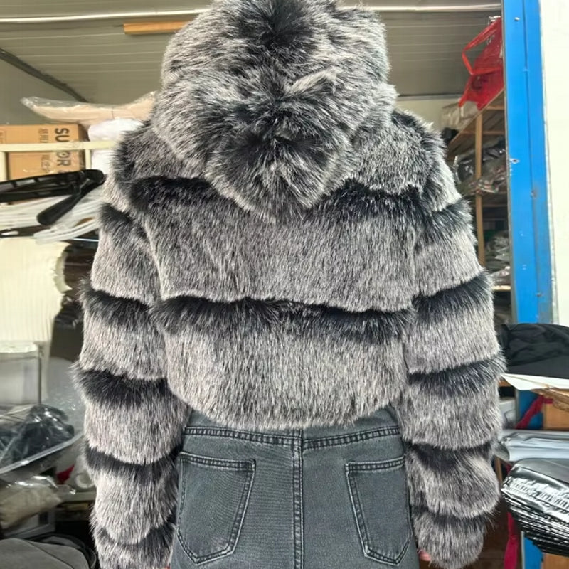 Women Fluffy Top Coat Hooded Straight Short Dark Grey Jacket - Tophatter Daily Deals