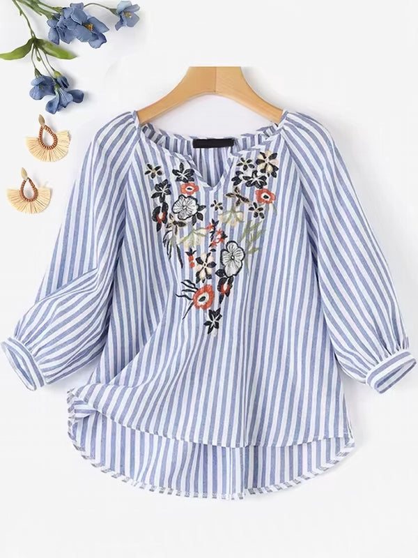 Bohemian Striped Shirt Work Tops Blouse Blue Blouses - Tophatter Daily Deals