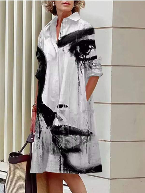 Abstract Print Women's Shirt Dresses White Midi Dresses - Tophatter Daily Deals