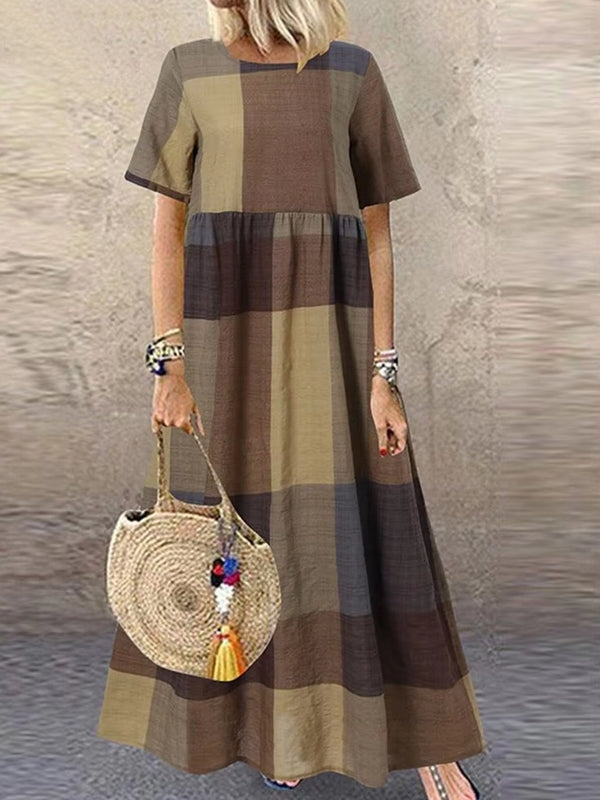 Casual Round Neck Plaid Printed Long Dress Maxi Dresses - Tophatter Daily Deals