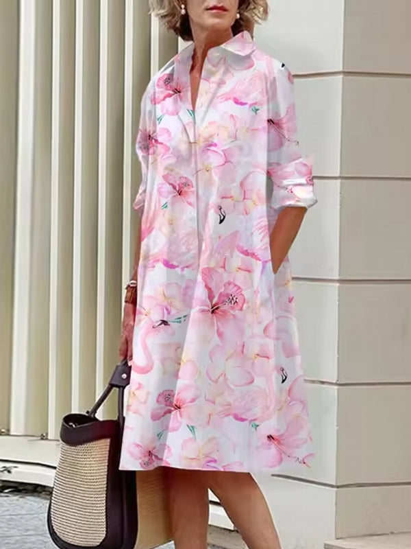 Elegant Women's Floral Pattern Shirt Dress Pink Midi Dresses - Tophatter Daily Deals