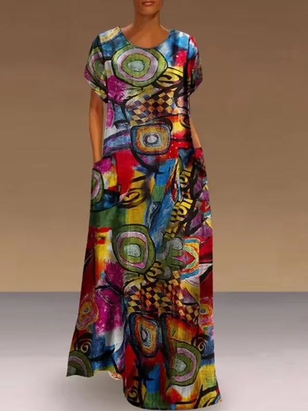 Beautiful Long Short Sleeve Abstract Print Dress Red Maxi Dresses - Tophatter Daily Deals