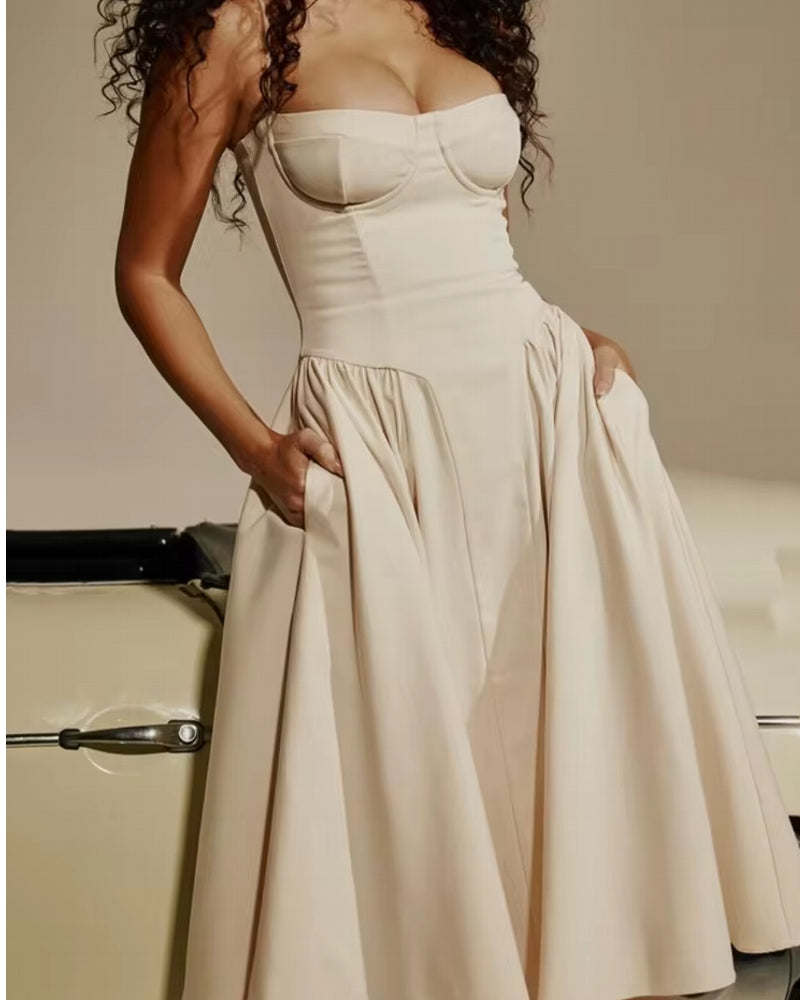 Elegant Events Corset Dress Sexy Strapless Midi Dresses Beige Midi Dresses - Tophatter Daily Deals