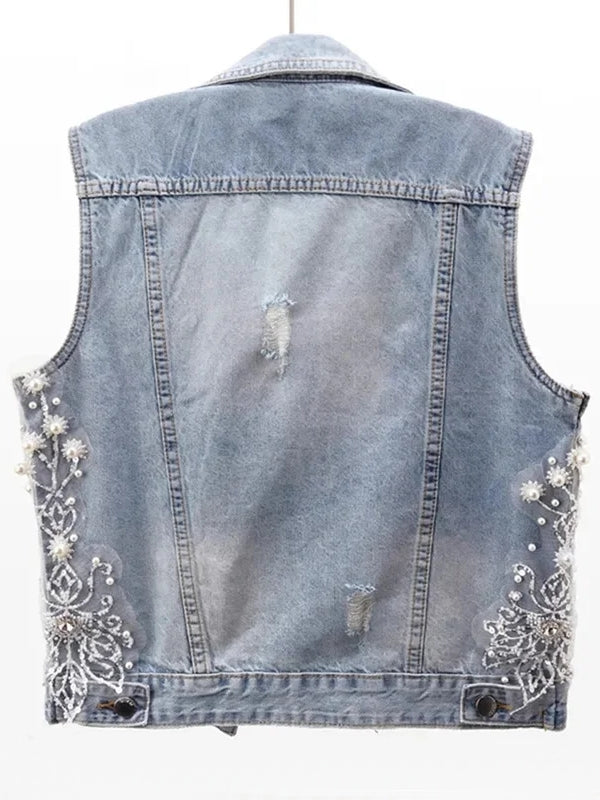 Women Denim Vest Pearls Waistcoats Coats & Jackets - Tophatter Daily Deals