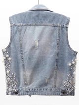 Women Denim Vest Pearls Waistcoats Coats & Jackets - Tophatter Daily Deals