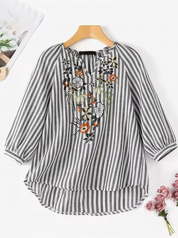Bohemian Striped Shirt Work Tops Blouse Black Blouses - Tophatter Daily Deals