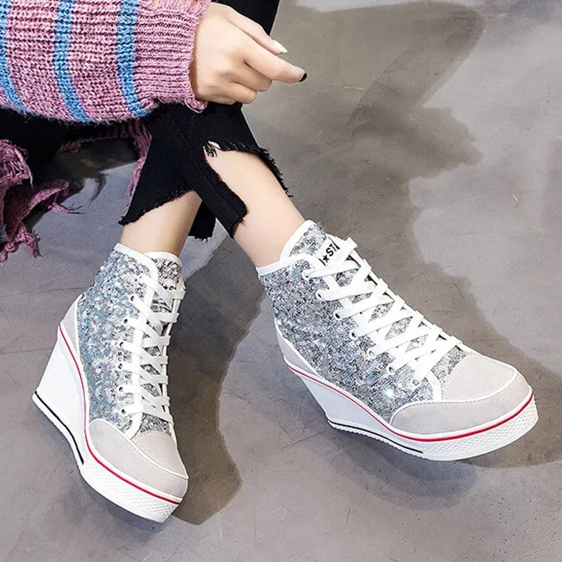 Glitter Sequins High Top Women Height Increasing Wedges Shoes High Heel Sneaker - Tophatter Daily Deals