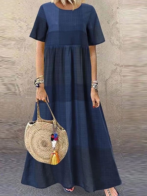 Casual Round Neck Plaid Printed Long Dress Maxi Dresses - Tophatter Daily Deals