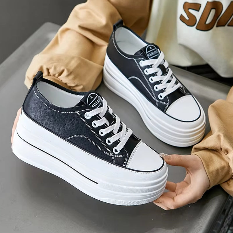 Women Chunky Leather Sneaker Loafer Shoes 8cm High Heel Sneaker - Tophatter Daily Deals