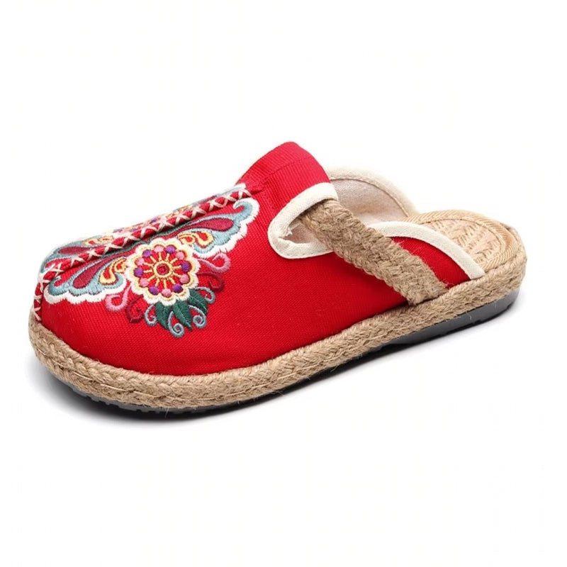 Women Casual Linen Handmade Embroidery Mules Flat Slippers Red Slippers - Tophatter Daily Deals