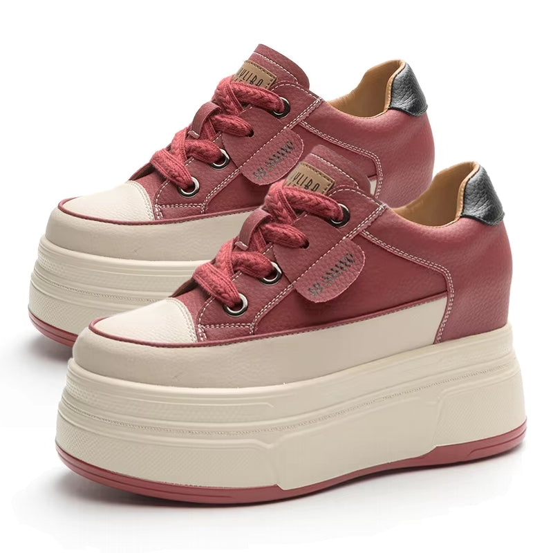 Cow Suede Genuine Leather Platform Shoes 9cm Burgundy High Heel Sneaker - Tophatter Daily Deals